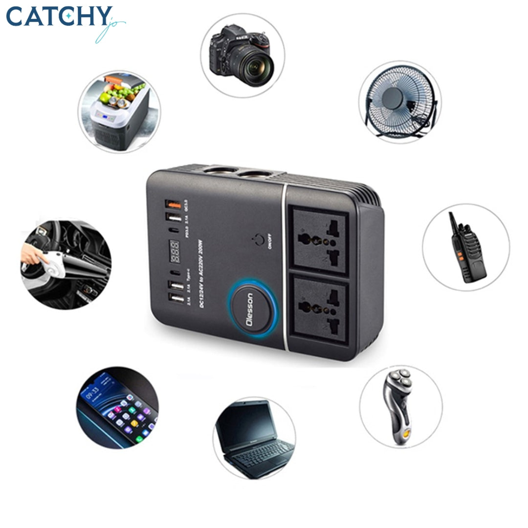 Cigarette Lighter Car Power Inverter USB+Type-C Car Charger (200W)
