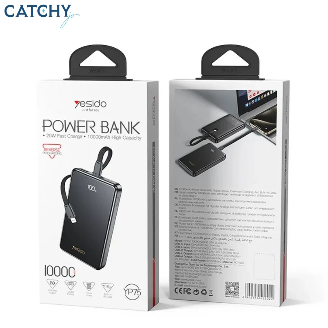 YESIDO YP75 Power Bank With Digital Display & Lightning Cable (10000mAh)