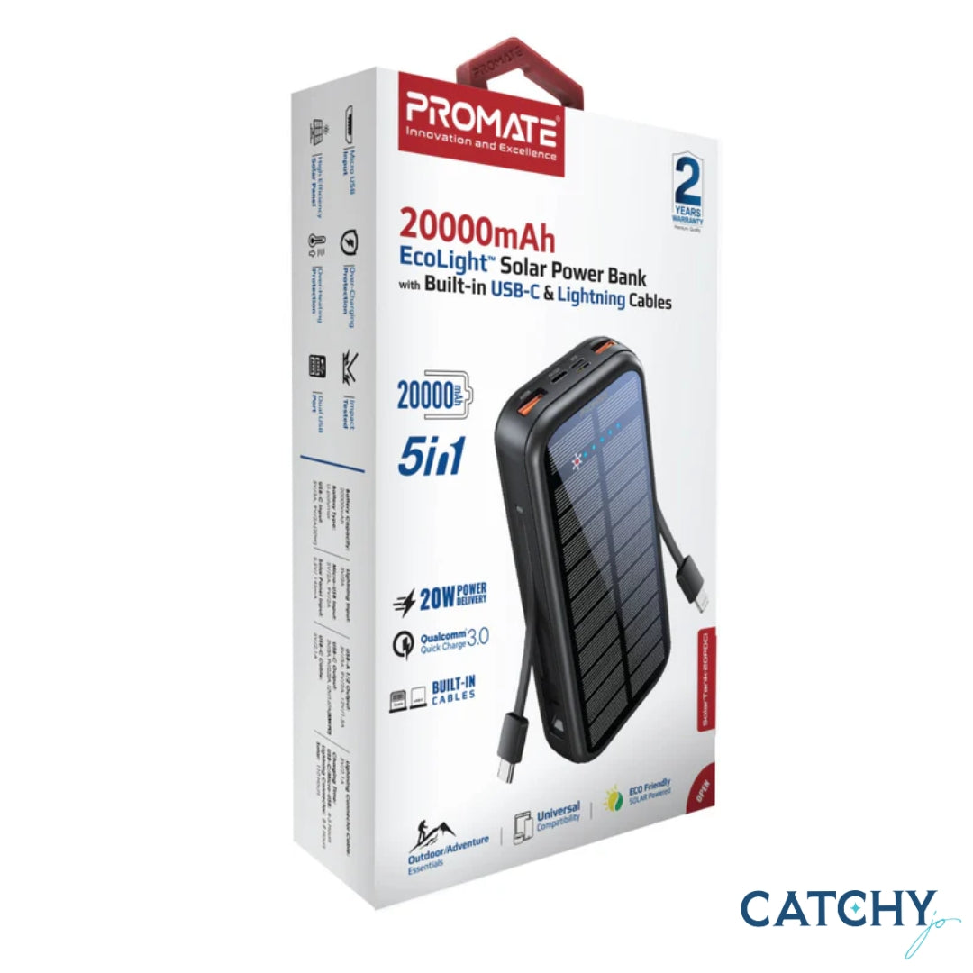 PROMATE Solar Power Bank With Built-in USB-C & Lightning Cables (20000mAh)