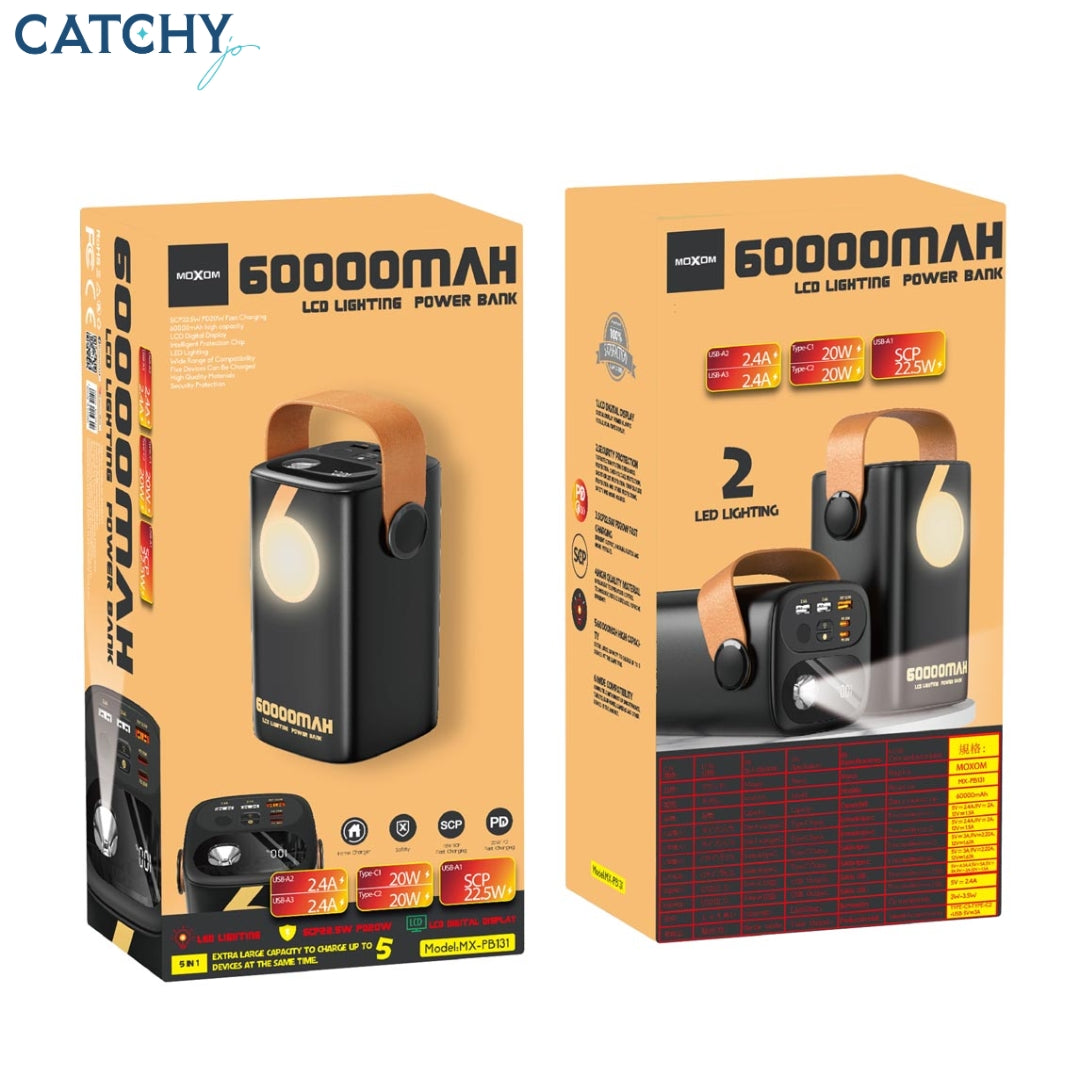 Moxom MX-PB131 Power Bank With LED Flashlight & Digital Display (60000mAh) Moxom MX-PB131 Power Bank With LED Flashlight & Digital Display (60000mAh)