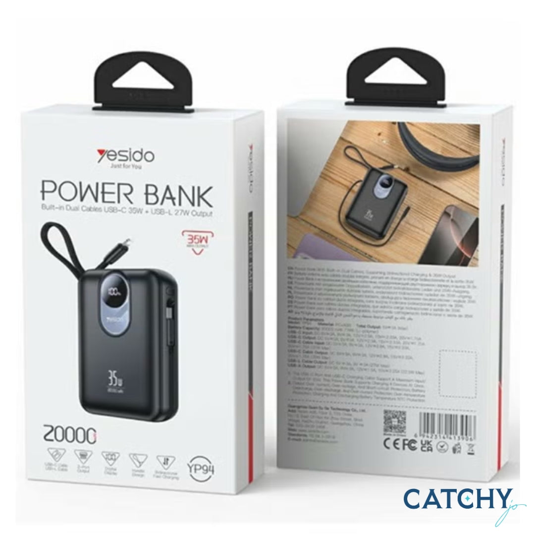 YESIDO YP94 Power Bank With Built-in Type-C & Lightning Cables (20000mAh)