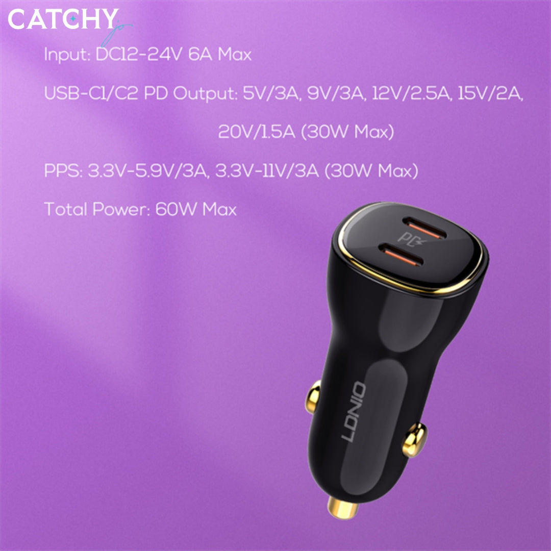 LDNIO C104 Dual PD Super Fast Car Charger (60W)