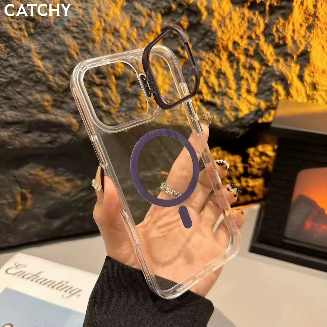 iPhone 14+15+16 Series Wireless Charging Transparent Case With Camera Stand