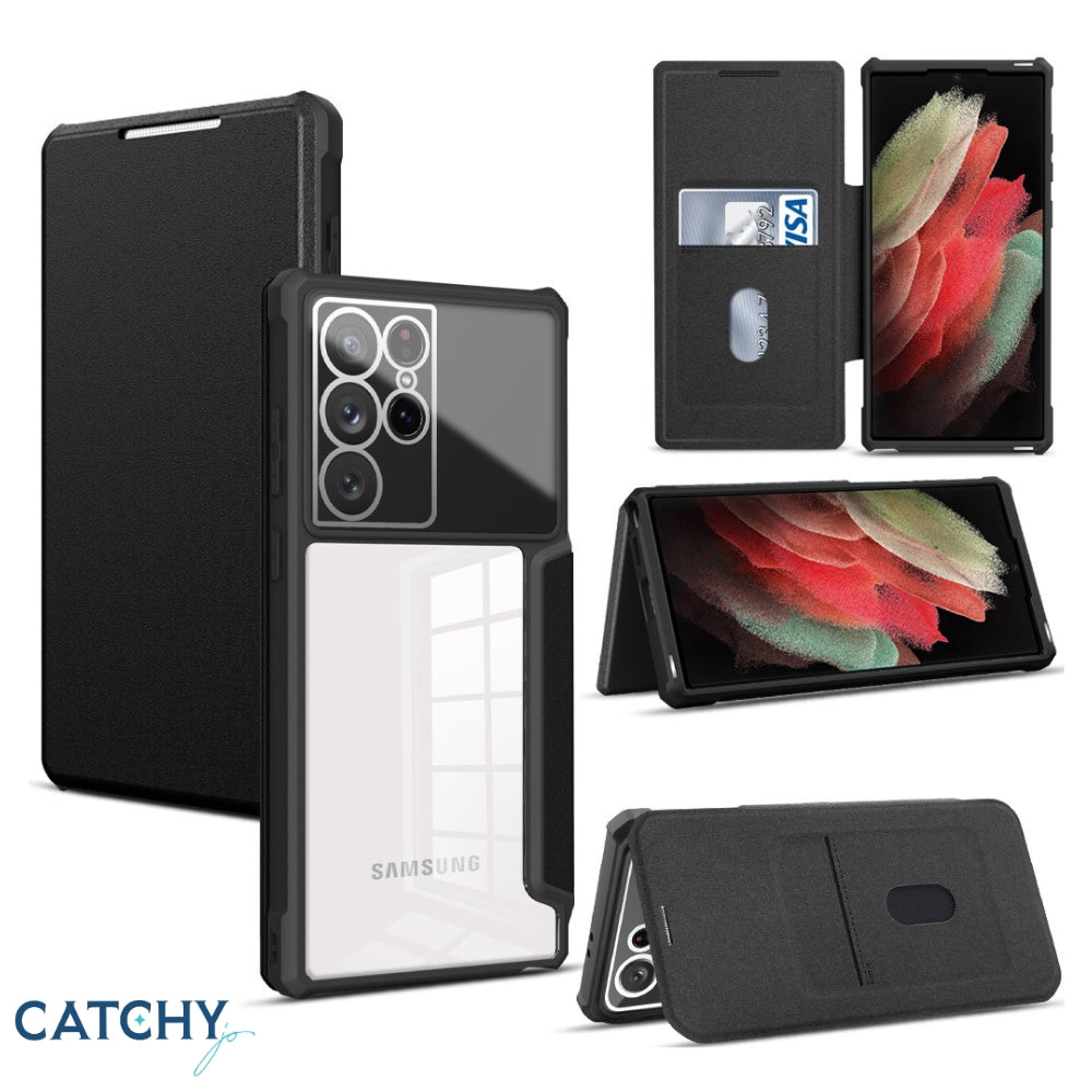Samsung Leather Flip Wallet Clear Case With Camera Protector