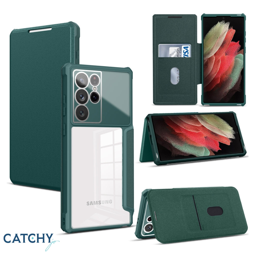 Samsung Leather Flip Wallet Clear Case With Camera Protector