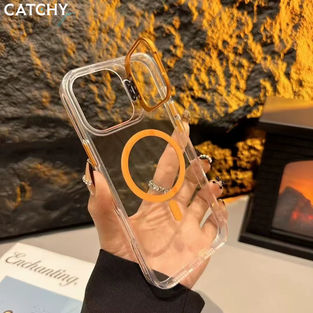 iPhone 14+15+16 Series Wireless Charging Transparent Case With Camera Stand